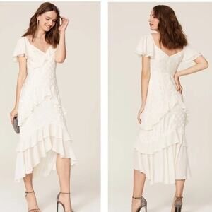 THREE FLOOR White Polka Dot Textured Hourglass Ruffle Trim Perle Dress sz US 2